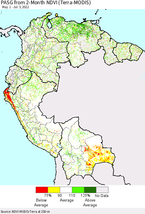 Northern South America PASG from 2-Month NDVI (Terra-MODIS) Thematic Map For 6/26/2022 - 7/3/2022