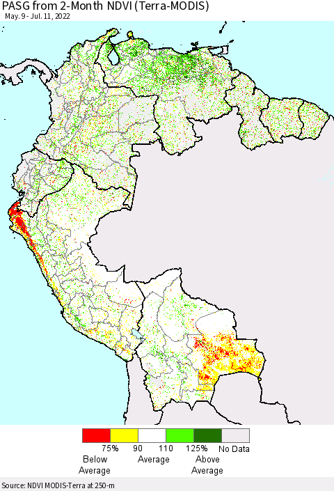 Northern South America PASG from 2-Month NDVI (Terra-MODIS) Thematic Map For 7/4/2022 - 7/11/2022