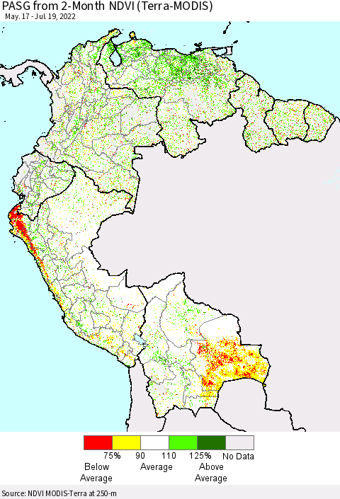Northern South America PASG from 2-Month NDVI (Terra-MODIS) Thematic Map For 7/12/2022 - 7/19/2022