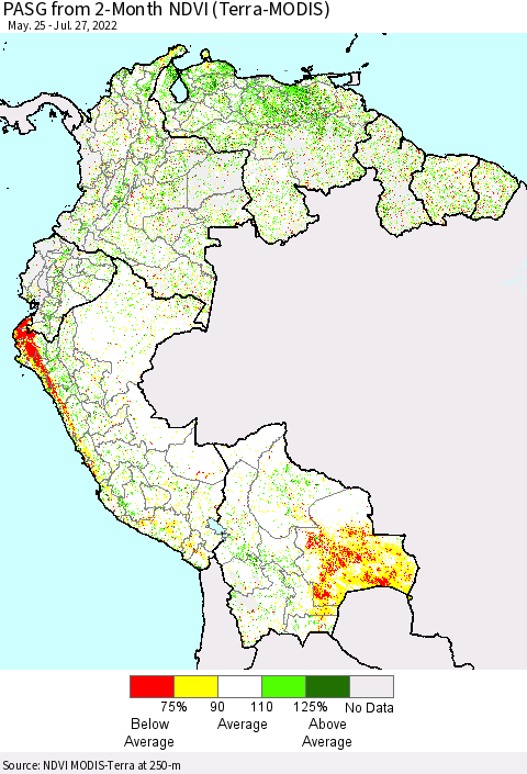 Northern South America PASG from 2-Month NDVI (Terra-MODIS) Thematic Map For 7/20/2022 - 7/27/2022