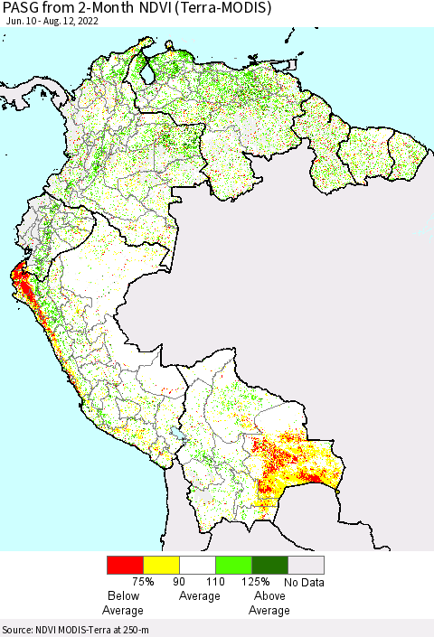 Northern South America PASG from 2-Month NDVI (Terra-MODIS) Thematic Map For 8/5/2022 - 8/12/2022