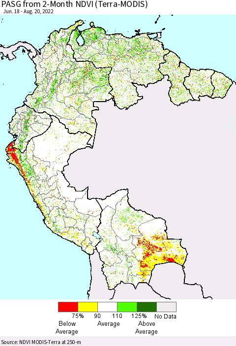 Northern South America PASG from 2-Month NDVI (Terra-MODIS) Thematic Map For 8/13/2022 - 8/20/2022