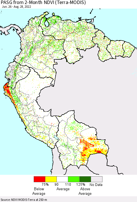 Northern South America PASG from 2-Month NDVI (Terra-MODIS) Thematic Map For 8/21/2022 - 8/28/2022