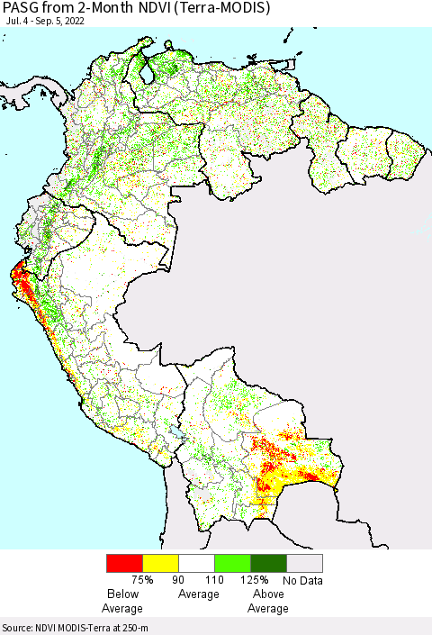 Northern South America PASG from 2-Month NDVI (Terra-MODIS) Thematic Map For 8/29/2022 - 9/5/2022