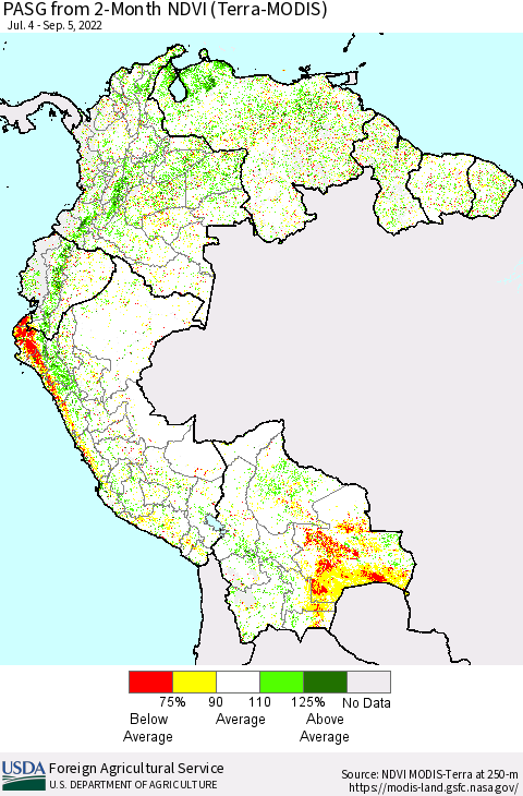 Northern South America PASG from 2-Month NDVI (Terra-MODIS) Thematic Map For 9/1/2022 - 9/10/2022