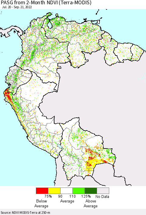 Northern South America PASG from 2-Month NDVI (Terra-MODIS) Thematic Map For 9/14/2022 - 9/21/2022