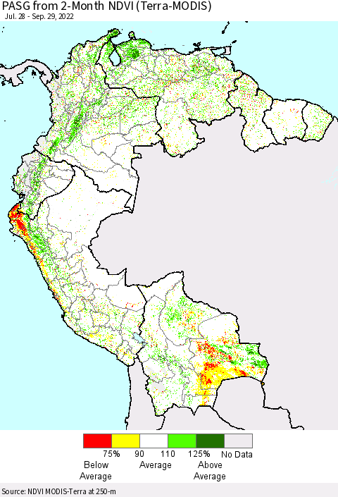 Northern South America PASG from 2-Month NDVI (Terra-MODIS) Thematic Map For 9/22/2022 - 9/29/2022