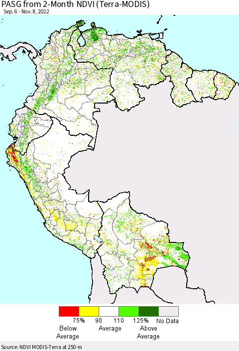 Northern South America PASG from 2-Month NDVI (Terra-MODIS) Thematic Map For 11/1/2022 - 11/8/2022