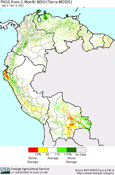 Northern South America PASG from 2-Month NDVI (Terra-MODIS) Thematic Map For 11/1/2022 - 11/10/2022