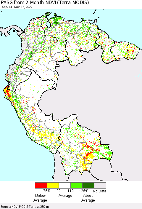 Northern South America PASG from 2-Month NDVI (Terra-MODIS) Thematic Map For 11/9/2022 - 11/16/2022