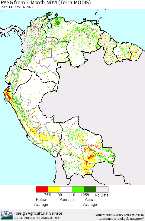 Northern South America PASG from 2-Month NDVI (Terra-MODIS) Thematic Map For 11/11/2022 - 11/20/2022