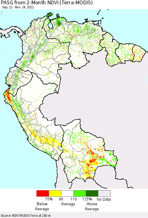 Northern South America PASG from 2-Month NDVI (Terra-MODIS) Thematic Map For 11/17/2022 - 11/24/2022