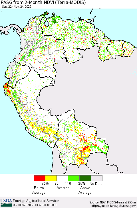 Northern South America PASG from 2-Month NDVI (Terra-MODIS) Thematic Map For 11/21/2022 - 11/30/2022