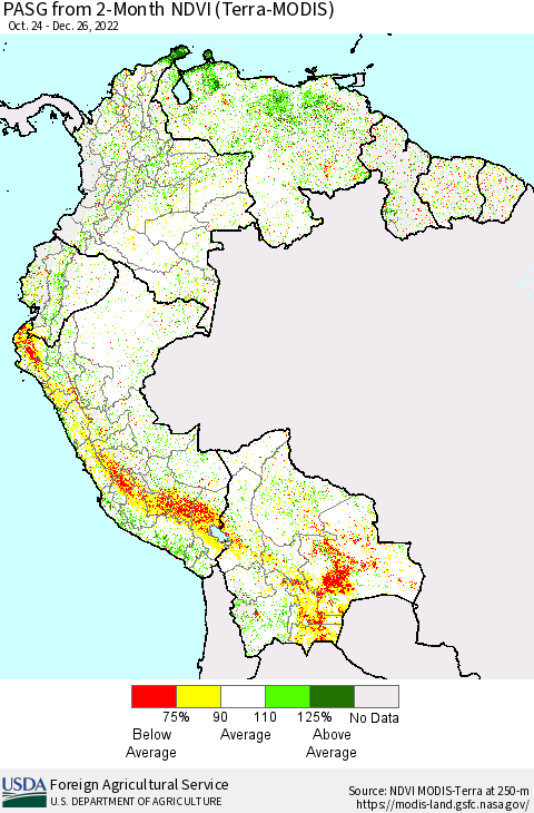Northern South America PASG from 2-Month NDVI (Terra-MODIS) Thematic Map For 12/21/2022 - 12/31/2022