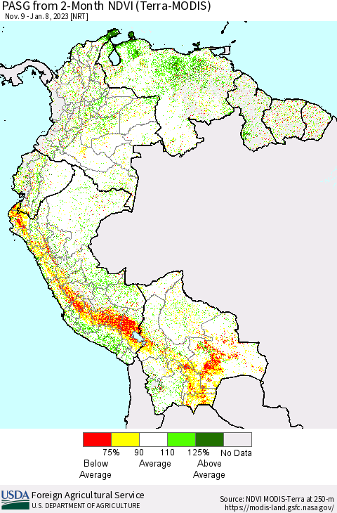 Northern South America PASG from 2-Month NDVI (Terra-MODIS) Thematic Map For 1/1/2023 - 1/10/2023