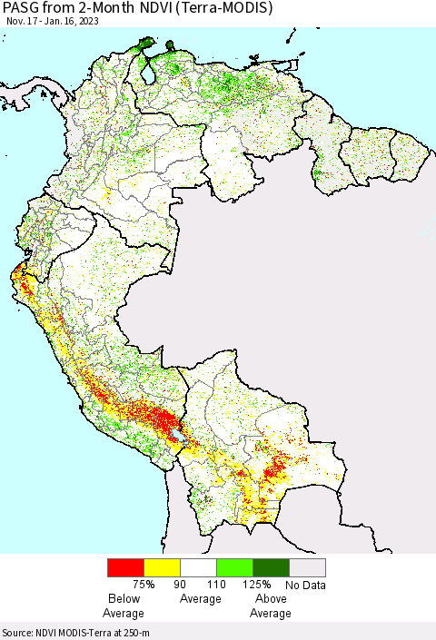 Northern South America PASG from 2-Month NDVI (Terra-MODIS) Thematic Map For 1/9/2023 - 1/16/2023