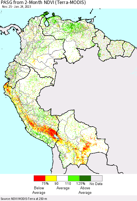 Northern South America PASG from 2-Month NDVI (Terra-MODIS) Thematic Map For 1/17/2023 - 1/24/2023