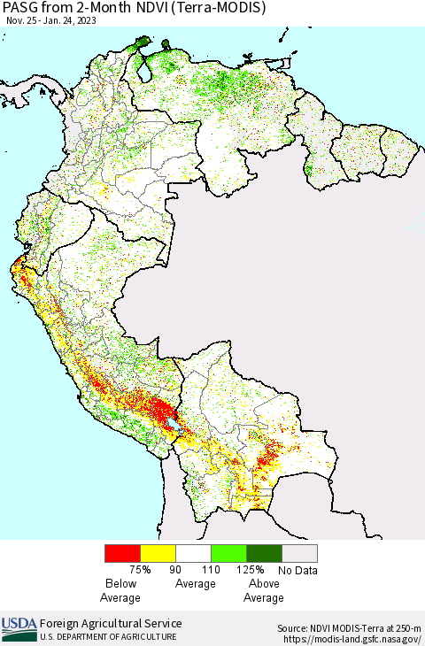 Northern South America PASG from 2-Month NDVI (Terra-MODIS) Thematic Map For 1/21/2023 - 1/31/2023