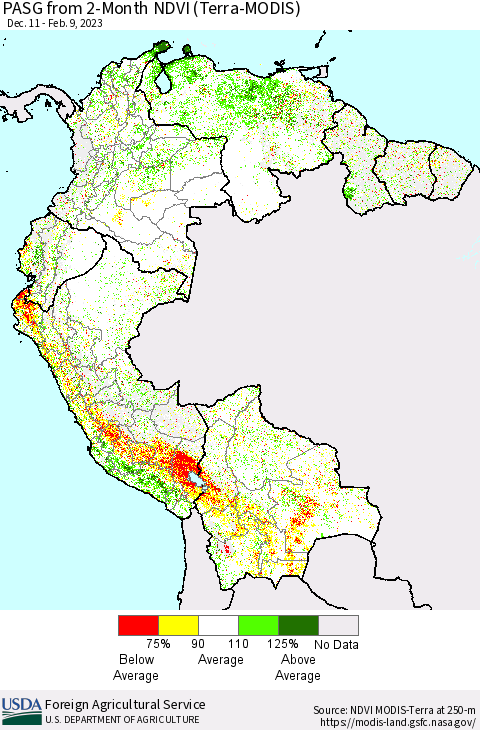 Northern South America PASG from 2-Month NDVI (Terra-MODIS) Thematic Map For 2/1/2023 - 2/10/2023