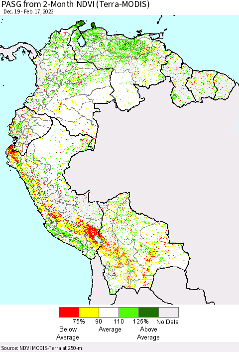 Northern South America PASG from 2-Month NDVI (Terra-MODIS) Thematic Map For 2/10/2023 - 2/17/2023