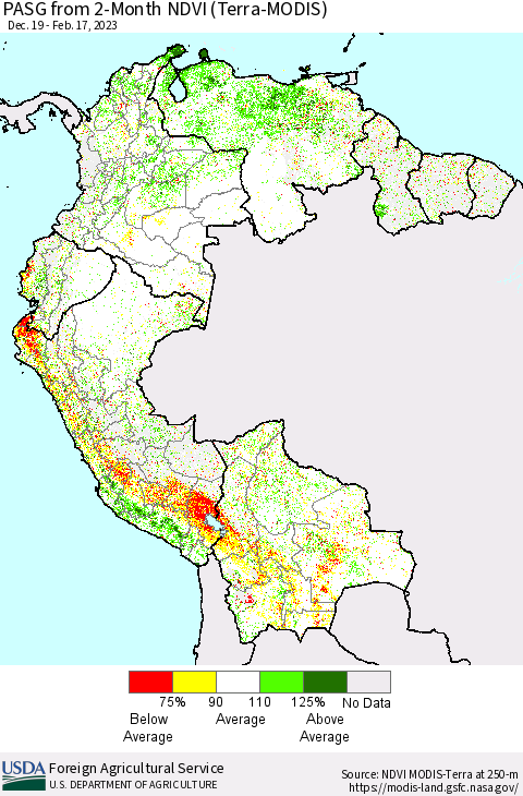 Northern South America PASG from 2-Month NDVI (Terra-MODIS) Thematic Map For 2/11/2023 - 2/20/2023