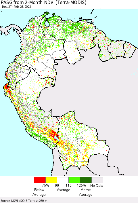 Northern South America PASG from 2-Month NDVI (Terra-MODIS) Thematic Map For 2/18/2023 - 2/25/2023