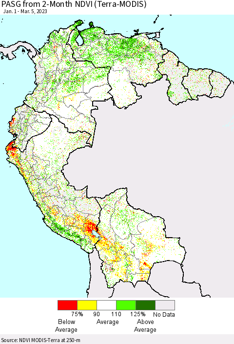 Northern South America PASG from 2-Month NDVI (Terra-MODIS) Thematic Map For 2/26/2023 - 3/5/2023