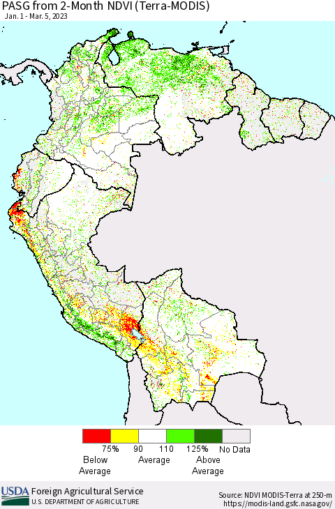 Northern South America PASG from 2-Month NDVI (Terra-MODIS) Thematic Map For 3/1/2023 - 3/10/2023