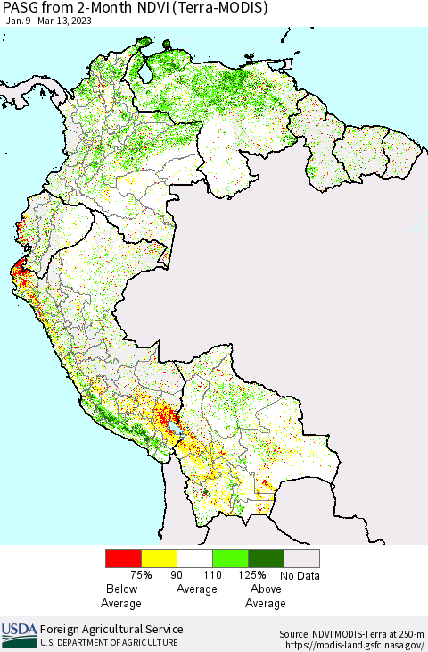 Northern South America PASG from 2-Month NDVI (Terra-MODIS) Thematic Map For 3/11/2023 - 3/20/2023
