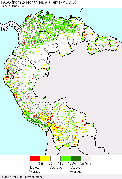 Northern South America PASG from 2-Month NDVI (Terra-MODIS) Thematic Map For 3/14/2023 - 3/21/2023