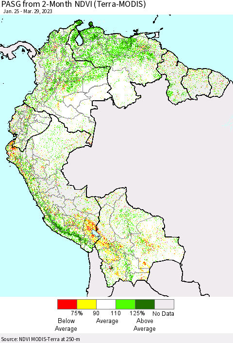 Northern South America PASG from 2-Month NDVI (Terra-MODIS) Thematic Map For 3/22/2023 - 3/29/2023