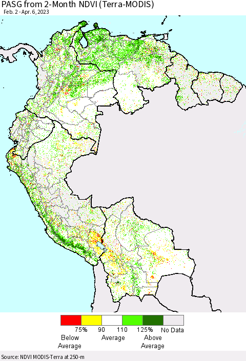 Northern South America PASG from 2-Month NDVI (Terra-MODIS) Thematic Map For 3/30/2023 - 4/6/2023