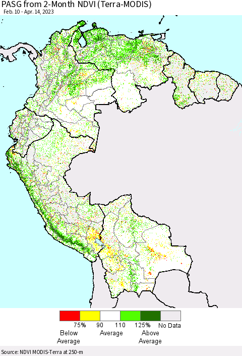 Northern South America PASG from 2-Month NDVI (Terra-MODIS) Thematic Map For 4/7/2023 - 4/14/2023