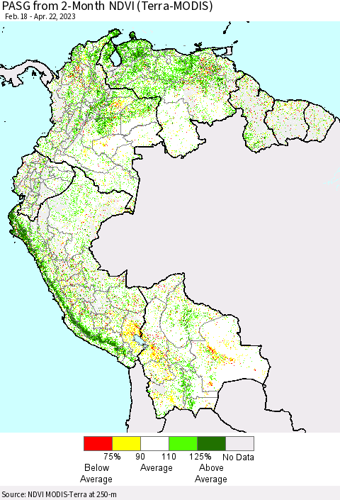 Northern South America PASG from 2-Month NDVI (Terra-MODIS) Thematic Map For 4/15/2023 - 4/22/2023