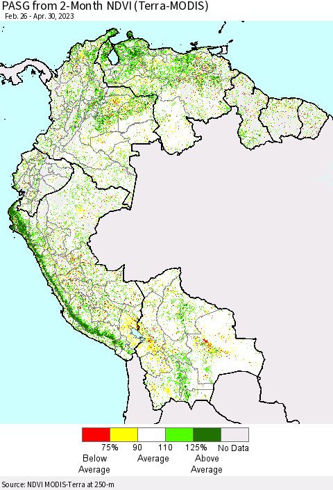 Northern South America PASG from 2-Month NDVI (Terra-MODIS) Thematic Map For 4/23/2023 - 4/30/2023