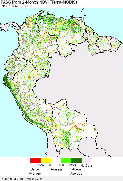 Northern South America PASG from 2-Month NDVI (Terra-MODIS) Thematic Map For 5/9/2023 - 5/16/2023