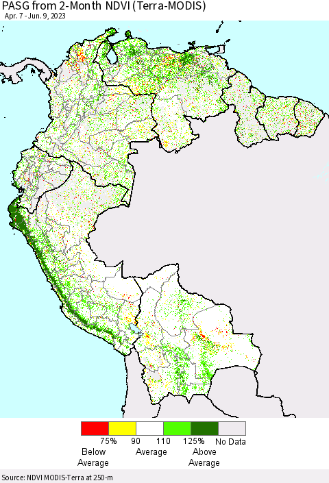 Northern South America PASG from 2-Month NDVI (Terra-MODIS) Thematic Map For 6/2/2023 - 6/9/2023