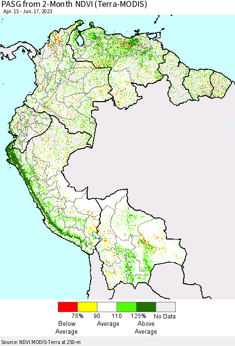 Northern South America PASG from 2-Month NDVI (Terra-MODIS) Thematic Map For 6/10/2023 - 6/17/2023
