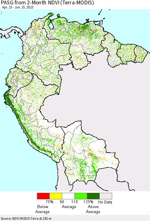 Northern South America PASG from 2-Month NDVI (Terra-MODIS) Thematic Map For 6/18/2023 - 6/25/2023