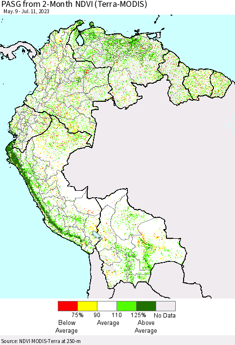 Northern South America PASG from 2-Month NDVI (Terra-MODIS) Thematic Map For 7/4/2023 - 7/11/2023