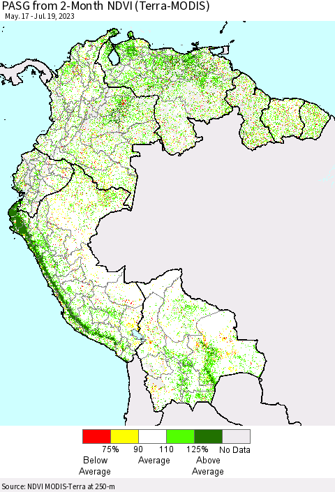 Northern South America PASG from 2-Month NDVI (Terra-MODIS) Thematic Map For 7/12/2023 - 7/19/2023