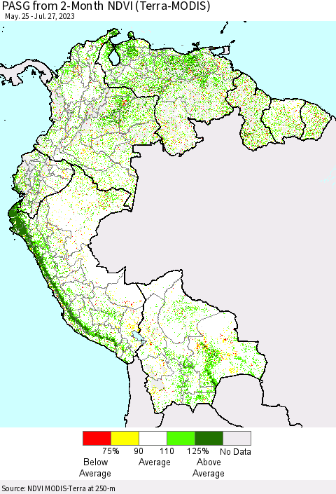 Northern South America PASG from 2-Month NDVI (Terra-MODIS) Thematic Map For 7/20/2023 - 7/27/2023