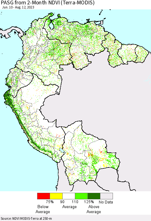 Northern South America PASG from 2-Month NDVI (Terra-MODIS) Thematic Map For 8/5/2023 - 8/12/2023