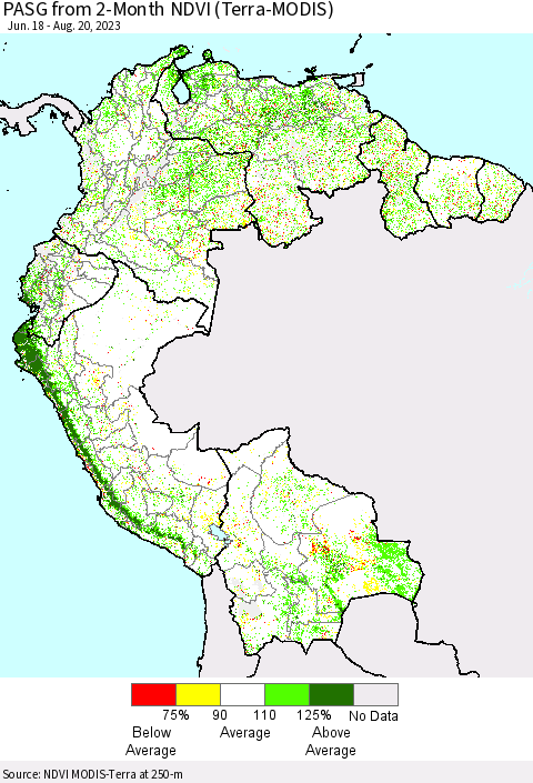 Northern South America PASG from 2-Month NDVI (Terra-MODIS) Thematic Map For 8/13/2023 - 8/20/2023