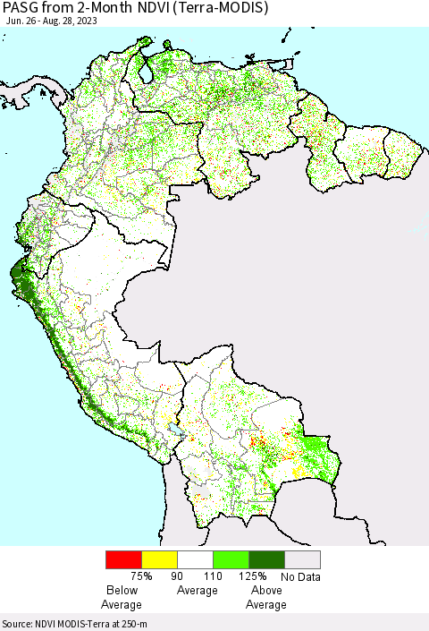 Northern South America PASG from 2-Month NDVI (Terra-MODIS) Thematic Map For 8/21/2023 - 8/28/2023