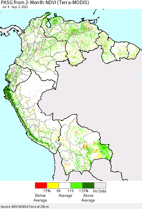 Northern South America PASG from 2-Month NDVI (Terra-MODIS) Thematic Map For 8/29/2023 - 9/5/2023