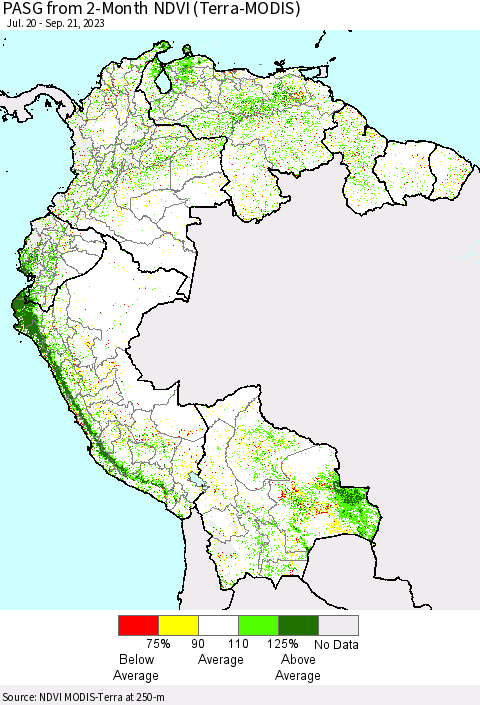 Northern South America PASG from 2-Month NDVI (Terra-MODIS) Thematic Map For 9/14/2023 - 9/21/2023