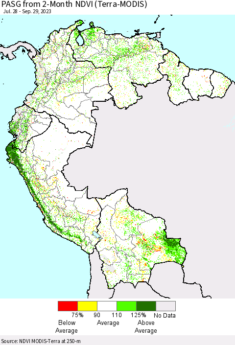 Northern South America PASG from 2-Month NDVI (Terra-MODIS) Thematic Map For 9/22/2023 - 9/29/2023