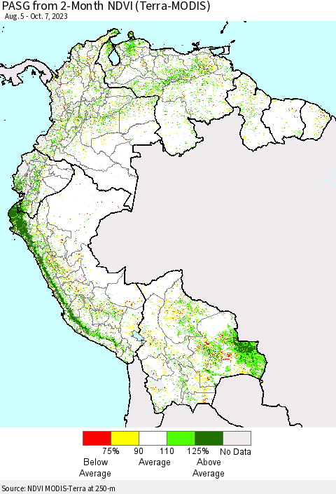 Northern South America PASG from 2-Month NDVI (Terra-MODIS) Thematic Map For 9/30/2023 - 10/7/2023