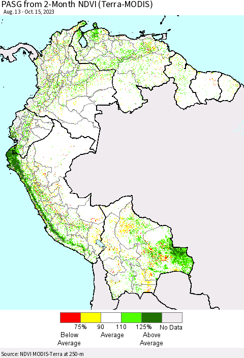 Northern South America PASG from 2-Month NDVI (Terra-MODIS) Thematic Map For 10/8/2023 - 10/15/2023